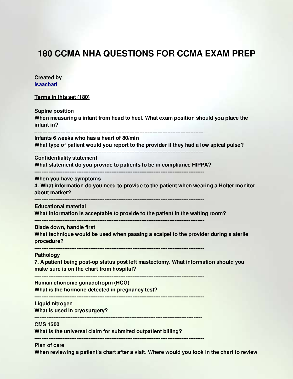 Preview image for 180 CCMA NHA QUESTIONS FOR CCMA EXAM PREP